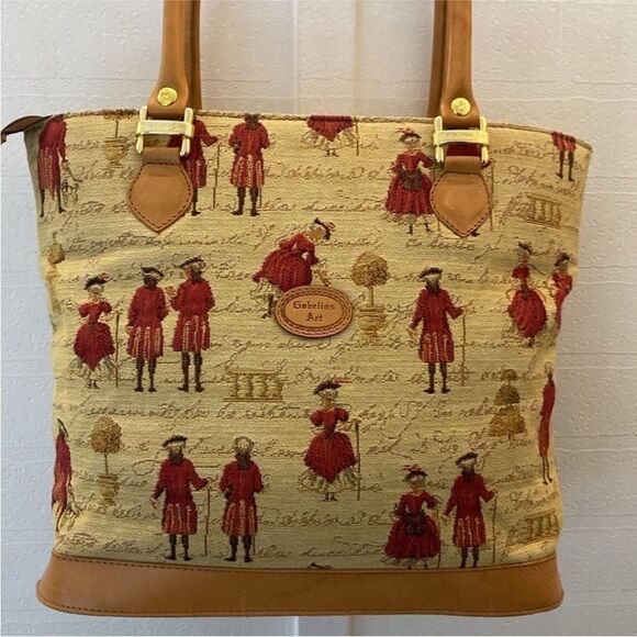 Gobelins Art Chic Designer Tote Bag - Red and Tan - Picture 2 of 15